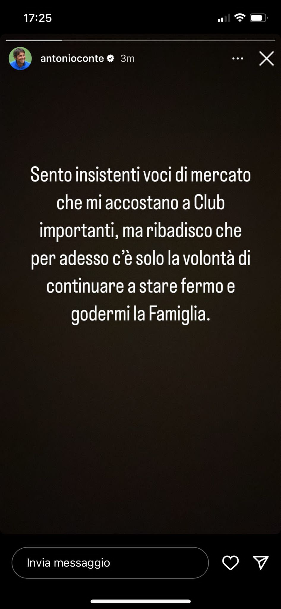 Il post di Conte sul suo profilo Instagram